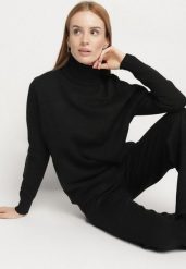 Czarny Dzianinowy Komplet z Wełną i Bawełną Spodnie i Sweter z Golfem Errele. Czarne swetry Born2be, na zimę, uniwersalny, bez wzorów, z bawełny, bez ramiączek. Za 129.99 zł.