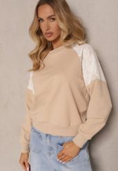 Beżowa Bluza z Bawełną z Koronkowymi Wstawkami Xommea. Brązowe bluzy Renee, l, bez wzorów, z bawełny, casualowe, bez ramiączek, bez kaptura. W wyprzedaży za 63.99 zł.