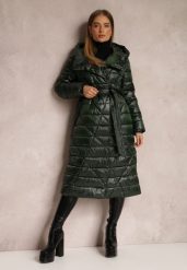 Ciemnozielona Kurtka za Kolano z Wiązanym Paskiem i Kapturem Feome. Zielone kurtki Renee, l, bez wzorów, z tkaniny, klasyczne. Za 329.99 zł.