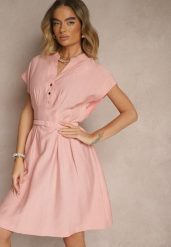 Różowa Rozkloszowana Sukienka z Wiskozy z Paskiem Zapinana na Napy Seporine. Czerwone sukienki Renee, na co dzień, l, bez wzorów, z jeansu, eleganckie, bez kołnierzyka, bez ramiączek, midi, rozkloszowane. Za 109.99 zł.