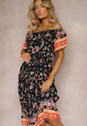 Czarno-Pomarańczowa Pudełkowa Sukienka z Bawełny we Wzór Paisley z Hiszpańskim Dekoltem Veranica. Czarne sukienki Renee, xl, bez wzorów, z bawełny, bez kołnierzyka, bez ramiączek, midi. W wyprzedaży za 27.99 zł.