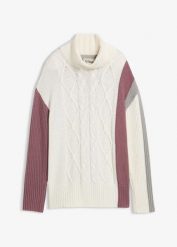 Sweter z golfem. Białe swetry bonprix, bez wzorów, bez ramiączek. Za 139.99 zł.
