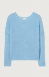 BŁĘKITNY SWETER AMERICAN VINTAGE. Niebieskie swetry American Vintage, s, bez wzorów, z elastanu, vintage, bez ramiączek. W wyprzedaży za 540.00 zł.