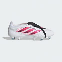 Buty piłkarskie z wywijanym językiem na miękką nawierzchnię Predator League. Białe buty treningowe adidas, bez wzorów, z materiału, bez zapięcia, do piłki nożnej. Za 419.00 zł.