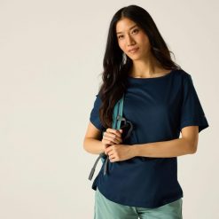 Damska koszulka z krótkim rękawem i logo Botanna, szybkoschnąca. Niebieskie t-shirty sportowe Regatta, m, bez wzorów, z materiału, bez ramiączek, do biegania. Za 80.00 zł.