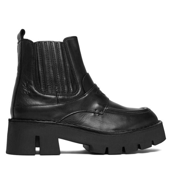 Sztyblety Fly London. Czarne botki Fly London, bez wzorów, bez obcasa, na płaskiej podeszwie, bez zapięcia. Za 839.99 zł.