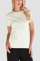 GUESS Biały damski t-shirt na krótki rękaw z cyrkoniami Romy, Rozmiar S. Białe t-shirty Guess, s, z aplikacjami, eleganckie, bez kołnierzyka, bez ramiączek. Za 239.99 zł.
