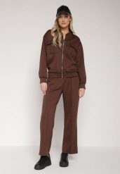 Brązowy Bawełniany Komplet Dresowy Bluza na Suwak i Spodnie Tevrisa. Brązowe bluzy Born2be, l, bez wzorów, z bawełny, bez kaptura, trekkingowe. Za 189.99 zł.