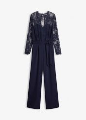 Kombinezon z koronką. Niebieskie kombinezony bonprix, bez wzorów, z koronki, eleganckie, bez kołnierzyka, bez ramiączek. Za 229.99 zł.