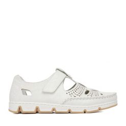 Półbuty Rieker. Białe półbuty wsuwane Rieker, bez wzorów, bez obcasa, na płaskiej podeszwie. Za 379.99 zł.