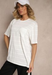 Jasnobeżowa Koszulka T-shirt z Naszytą Kieszonką TLanitra. Brązowe t-shirty Renee, l, bez wzorów, z jeansu, eleganckie, bez kołnierzyka, bez ramiączek. W wyprzedaży za 39.99 zł.