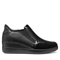 Półbuty Geox. Czarne półbuty wsuwane Geox, bez wzorów, bez obcasa, na koturnie. Za 449.99 zł.