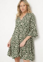 Zielona Sukienka Rozkloszowana z Bawełny w Etniczny Wzór Zalista. Zielone sukienki Born2be, na co dzień, l, bez wzorów, z bawełny, boho, bez kołnierzyka, bez ramiączek, mini, rozkloszowane. Za 69.99 zł.