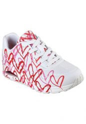 Buty sportowe Sneakersy damskie, Skechers Uno-Spread The Love. Białe buty treningowe Skechers, na lato, bez wzorów, z materiału, przed kostkę, bez zapięcia, trekkingowe. Za 329.00 zł.