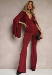 Bordowy Dopasowany Kombinezon z Rozkloszowanymi Rękawami i Głębokim Dekoltem Andrika. Czerwone sukienki Renee, na co dzień, m, bez wzorów, eleganckie, bez kołnierzyka, bez ramiączek, dopasowane. W wyprzedaży za 107.99 zł.