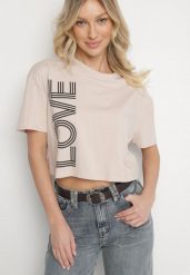 Ciemnobeżowy Krótki Bawełniany T-shirt z Napisem Sannirra. Brązowe t-shirty Born2be, m, bez wzorów, z bawełny, klasyczne, bez kołnierzyka, bez ramiączek. Za 49.99 zł.