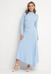 Niebieska Koktajlowa Sukienka o Asymetrycznym Kroju Ozdobiona Guzikami Nolriti. Niebieskie sukienki Born2be, na imprezę, m, bez wzorów, eleganckie, z asymetrycznym kołnierzem, bez ramiączek, maxi, asymetryczne. W wyprzedaży za 144.49 zł.