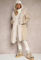 Jasnobeżowa Ocieplana Kurtka Parka z Kapturem i Ściągaczem w Pasie Semilaura. Brązowe kurtki Renee, l, bez wzorów, z futra, eleganckie, z kapturem. W wyprzedaży za 207.99 zł.