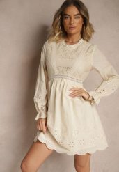 Beżowa Rozkloszowana Sukienka w Rustykalnym Stylu Zdobiona Haftem Iffesa. Brązowe sukienki Renee, na co dzień, l, z aplikacjami, eleganckie, bez kołnierzyka, bez ramiączek, mini, rozkloszowane. W wyprzedaży za 119.99 zł.