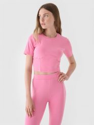 4F Crop top slim gładki damski - różowy L. Czerwone topy 4f, l, bez wzorów, z bawełny, sportowe, bez kołnierzyka, bez ramiączek. W wyprzedaży za 19.99 zł.