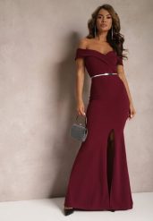 Bordowa Taliowana Sukienka Maxi z Rozcięciem Perlina. Czerwone sukienki Renee, l, bez wzorów, eleganckie, bez kołnierzyka, bez ramiączek, maxi, rozkloszowane. W wyprzedaży za 135.99 zł.