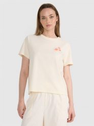 4F T-shirt oversize z nadrukiem damski - beżowy L. Brązowe t-shirty 4f, l, bez wzorów, z bawełny, klasyczne, bez kołnierzyka, bez ramiączek. Za 59.99 zł.
