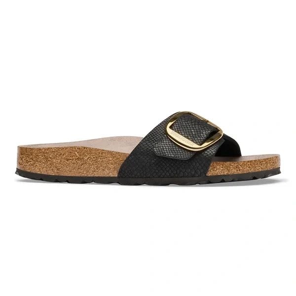 Birkenstock Madrid BB SYN Python Black Klapki damskie. Czarne klapki Birkenstock, bez wzorów, z jeansu, eleganckie, bez obcasa, bez zapięcia. Za 399.99 zł.