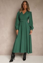 Zielona Rozkloszowana Sukienka z Wiskozy z Paskiem ze Sprzączką Orille. Zielone sukienki Renee, l, bez wzorów, z materiału, bez kołnierzyka, bez ramiączek, maxi, rozkloszowane. Za 159.99 zł.