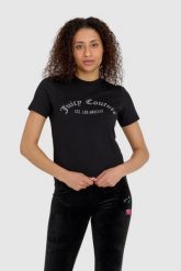 JUICY COUTURE Czarny t-shirt damski z diamentowym logo. Czarne t-shirty Juicy Couture, s, bez wzorów, bez kołnierzyka, bez ramiączek. W wyprzedaży za 279.99 zł.