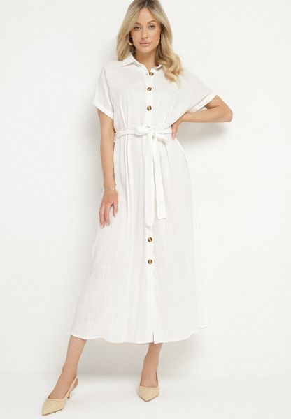 Biała Koszulowa Sukienka z Lnem Wiskozą i Paskiem Lenaviel. Białe sukienki Born2be, na co dzień, l, bez wzorów, z wiskozy, klasyczne, bez kołnierzyka, bez ramiączek, koszulowe. Za 129.99 zł.