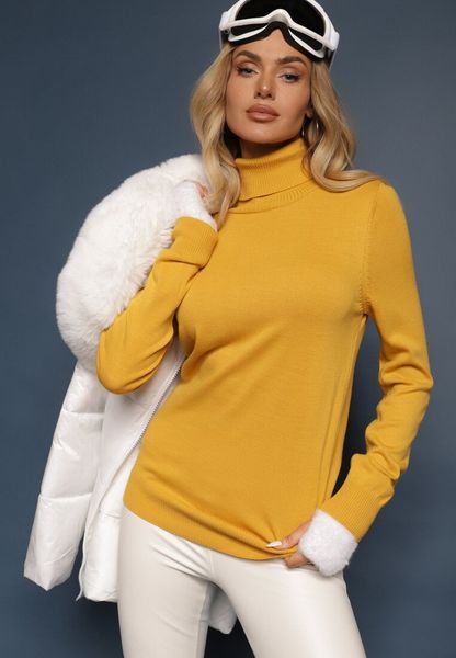 Żółty Klasyczny Golf ze Ściągaczami przy Rękawach Felinia. Żółte swetry Renee, m, z aplikacjami, z jeansu, biznesowe, bez ramiączek. Za 69.99 zł.