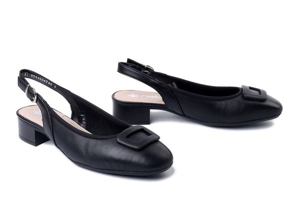 RIEKER 43456-00 black, czółenka damskie. Czarne czółenka Rieker, na lato, bez wzorów, bez obcasa, bez zapięcia. Za 288.92 zł.