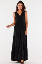 Letnia Wiskozowa Sukienka Maxi z Falbankami - Czarna. Czarne sukienki Awama, l, bez wzorów, z elastanu, wizytowe, bez kołnierzyka, bez ramiączek, maxi. Za 309.90 zł.
