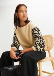Sweter w cętki leoparda. Szare swetry bonprix, bez wzorów, bez ramiączek. Za 129.99 zł.