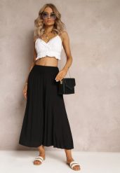 Czarne Szerokie Spodnie High Waist o Długości 7/8 Rathi. Czarne jeansy Renee, m, bez wzorów, z jeansu, z podwyższonym stanem. W wyprzedaży za 39.99 zł.