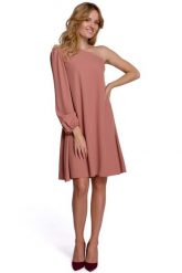 Luźna Sukienka na Jedno Ramię - Różowa. Czerwone sukienki MOE, l, bez wzorów, z elastanu, wizytowe, bez kołnierzyka, bez ramiączek. Za 273.90 zł.