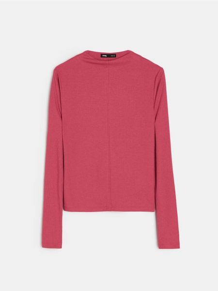 Prążkowana bluzka z zabudowanym dekoltem z domieszką wiskozy - Inny. Bluzki Sinsay, l, bez wzorów, prążkowane, bez kołnierzyka, bez ramiączek. Za 29.99 zł.