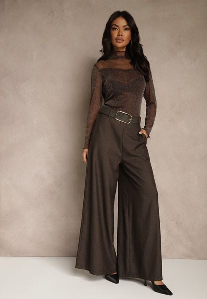 Brązowe Szerokie Garniturowe Spodnie z Bawełny High Waist Ozdobione Paskiem Tusneva. Brązowe jeansy Renee, l, bez wzorów, z bawełny, eleganckie, z podwyższonym stanem. Za 129.99 zł.