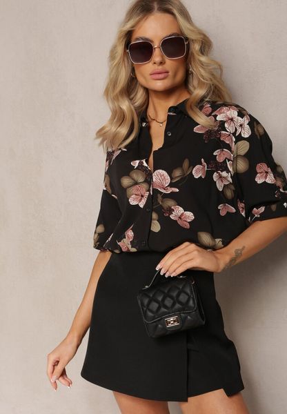 Czarno-Beżowa Koszula Bawełniano-Wiskozowa w Kwiaty z Rękawem 3/4 Spiceria. Czarne koszule Renee, l, bez wzorów, z bawełny, bez kołnierzyka, bez ramiączek. Za 29.99 zł.