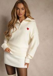 Biały Sweter z Wełną Wiskozą i Bawełną z Sercem Monisella. Białe swetry Renee, m, bez wzorów, z bawełny, casualowe, bez ramiączek. Za 129.99 zł.