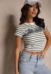 Niebiesko-Biały Bawełniany T-shirt w Paski Ozdobiony Napisem na Naszywce z Jeansu Eviola. Niebieskie t-shirty Renee, m, z aplikacjami, z bawełny, klasyczne, bez kołnierzyka, bez ramiączek. W wyprzedaży za 55.99 zł.