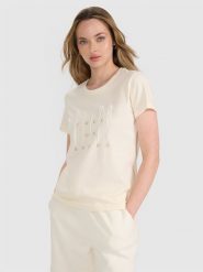 4F T-shirt regular z nadrukiem damski - beżowy L. Brązowe t-shirty 4f, l, bez wzorów, z bawełny, klasyczne, bez kołnierzyka, bez ramiączek. Za 59.99 zł.