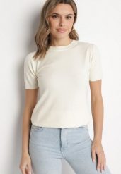 Jasnobeżowy Sweter z Ozdobnymi Ściągaczami Sanarella. Brązowe swetry Born2be, uniwersalny, z aplikacjami, z jeansu, eleganckie, bez ramiączek. W wyprzedaży za 38.24 zł.