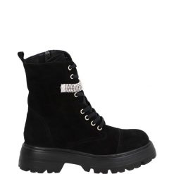 BOTKI Z CYRKONIAMI 1069-09 BLACK. Czarne botki Venezia, bez wzorów, ze skóry, bez obcasa, bez zapięcia. Za 229.00 zł.