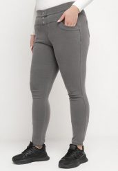 Ciemnoszare Spodnie Jegginsy z Wysokim Stanem i Ozdobnymi Guzikami Gwilania. Szare jeansy Born2be, xl, bez wzorów, z bawełny, eleganckie, z podwyższonym stanem, długie. Za 69.99 zł.