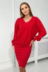 Komplet bluzka + sukienka prążkowana czerwony. Czerwone bluzki KESI, l, bez wzorów, z bawełny, eleganckie, bez kołnierzyka, bez ramiączek. Za 292.73 zł.