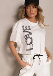 Biały T-shirt z Bawełny o Krótkim Kroju Ozdobiony Napisem Sannovia. Białe t-shirty Renee, m, bez wzorów, z bawełny, klasyczne, bez kołnierzyka, bez ramiączek. W wyprzedaży za 35.99 zł.
