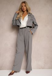 Szare Szerokie Spodnie Garniturowe z Gumką w Talii Ozdobione Paskiem Verillias. Szare jeansy Renee, na wiosnę, l, bez wzorów, z jeansu, eleganckie, z podwyższonym stanem. W wyprzedaży za 111.99 zł.