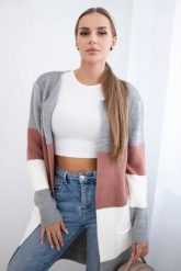 Sweter Kardigan w pasy szary+ciemno różowy. Czerwone swetry KESI, l, bez wzorów, z wełny, plus size, bez ramiączek. Za 178.78 zł.