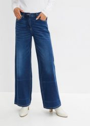Jeansy wide leg ze średnim stanem i wygodnym pasem. Niebieskie jeansy bonprix, bez wzorów, z jeansu. Za 159.99 zł.